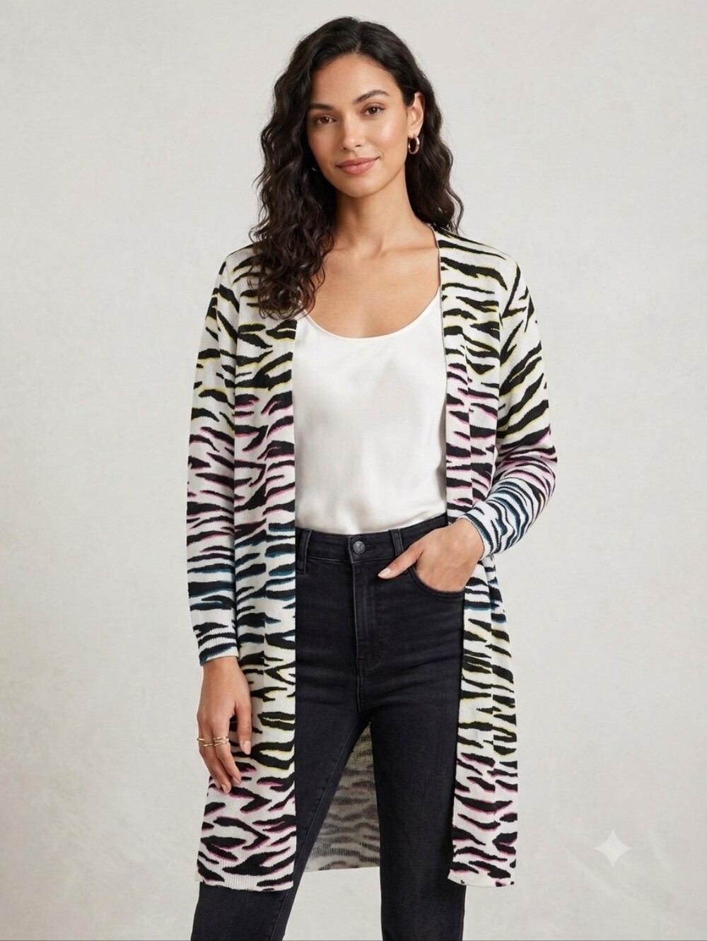 525 America White Open Cardigan with Black, Yellow, Pink & Blue Accents Size S